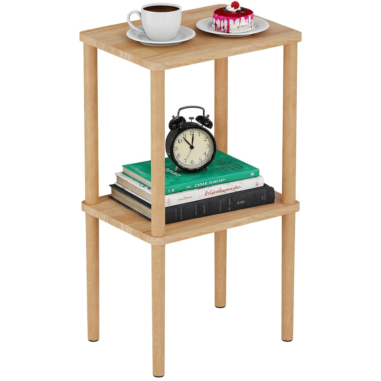 Solid Wood Side Table, 2-Tier Small End Table with Storage Shelf, Tall Nightstand Bedside Table for Bedroom, Living Room, Kids Room & Small Spaces. No-Tool Assembly.