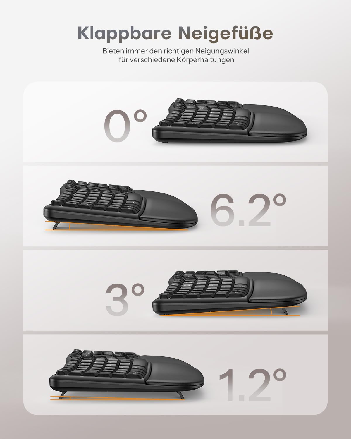 OMOTON Kabellose Tastatur Ergonomisch Wave Keys, QWERTZ-Schwarz | Ideal für Büro und tägliche Nutzung, 2,4 GHz USB-Verbindung, PC Tastatur mit Handballenauflage