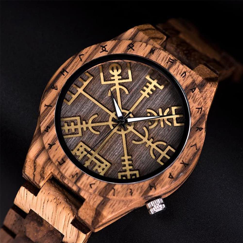 Wikinger Herrenuhr Holzuhr, Wood Armbanduhr mit Helm der Ehrfurcht Symbol Nordische Mythologie Holzarmband Vintage Verstellbare Quarzuhr Runenkreis Geschenk