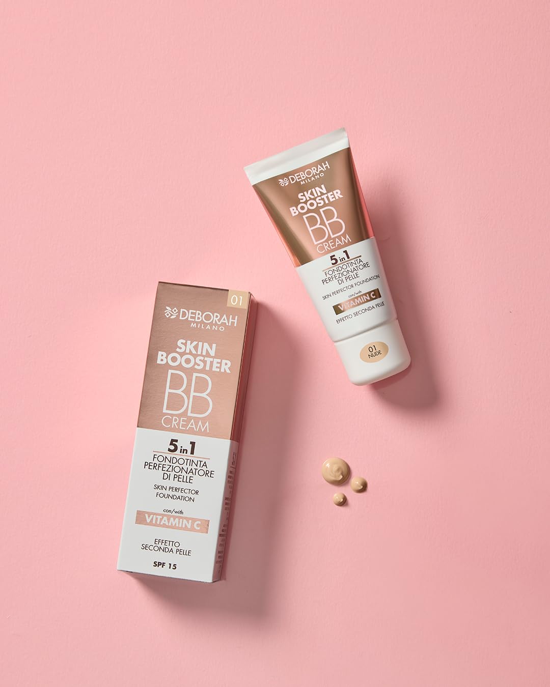 Deborah Milano BB Cream Skin Booster n° 04 Caramel, SPF 15 con vitamina C, crema facial tonificada para una segunda piel, 30 ml