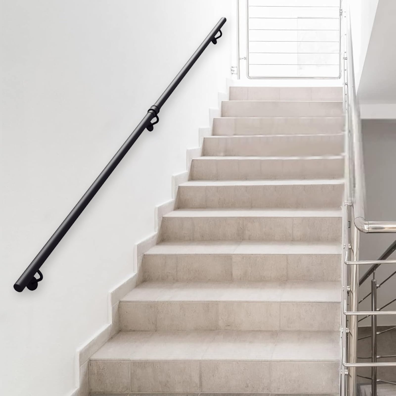 Rampe d'escalier Murale en Tube Rond, 1m 1.5m 2m 3m 4m 5m 6m en métal forgé Noir, Barre d'appui de sécurité pour marches intérieures et extérieures(600cm)