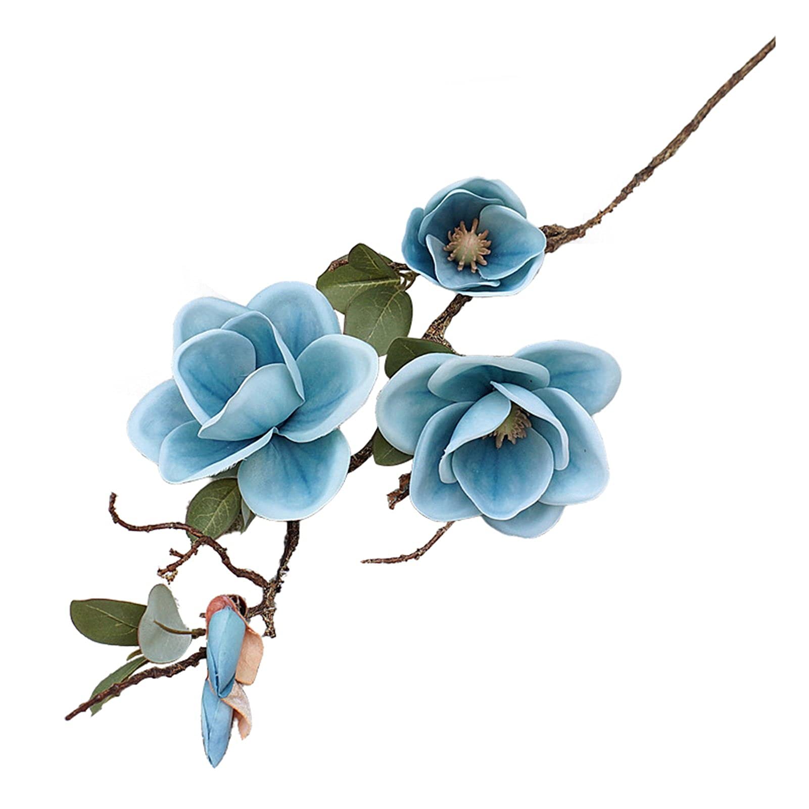 Angel3292 Artificial Flower Charming Real Touch Fabric 3 Heads Fable Magnolia Flowers for Living Room Fabric Flower Fine Workmanship for, Blue