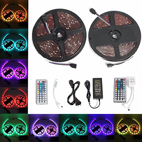 Ruban LED, GLISTENY 2 Bande Lumineux Etanche 5M 5050 RGB 150LEDs Multicolore Strip Light +12V 6A Adapteur + 2Pcs 44Touches Infrarouge Telecommande Pour fete Noel Home DIY Decoration