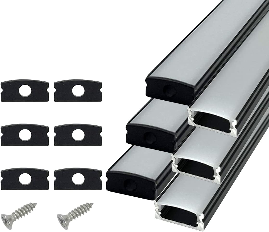 HAMRVL 6-Pack 30cm Led Channel Diffuser Black Aluminum with Mliky White Cover U Shape 17.2x7mm,Led Strip Light Track with End Caps and Mounting Clips Accessories,Aluminum Profile for Led Strip Lights