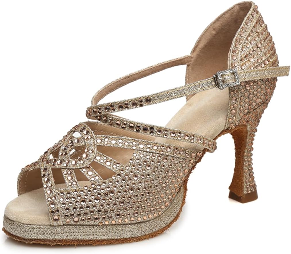 ZHCRCfirm Women's Glitter Rhinestones Open Toe Latin Ballroom Dance Shoes Rumba Party Wedding Tango Dance Sandals YCL458 Pale Gold US 10.5