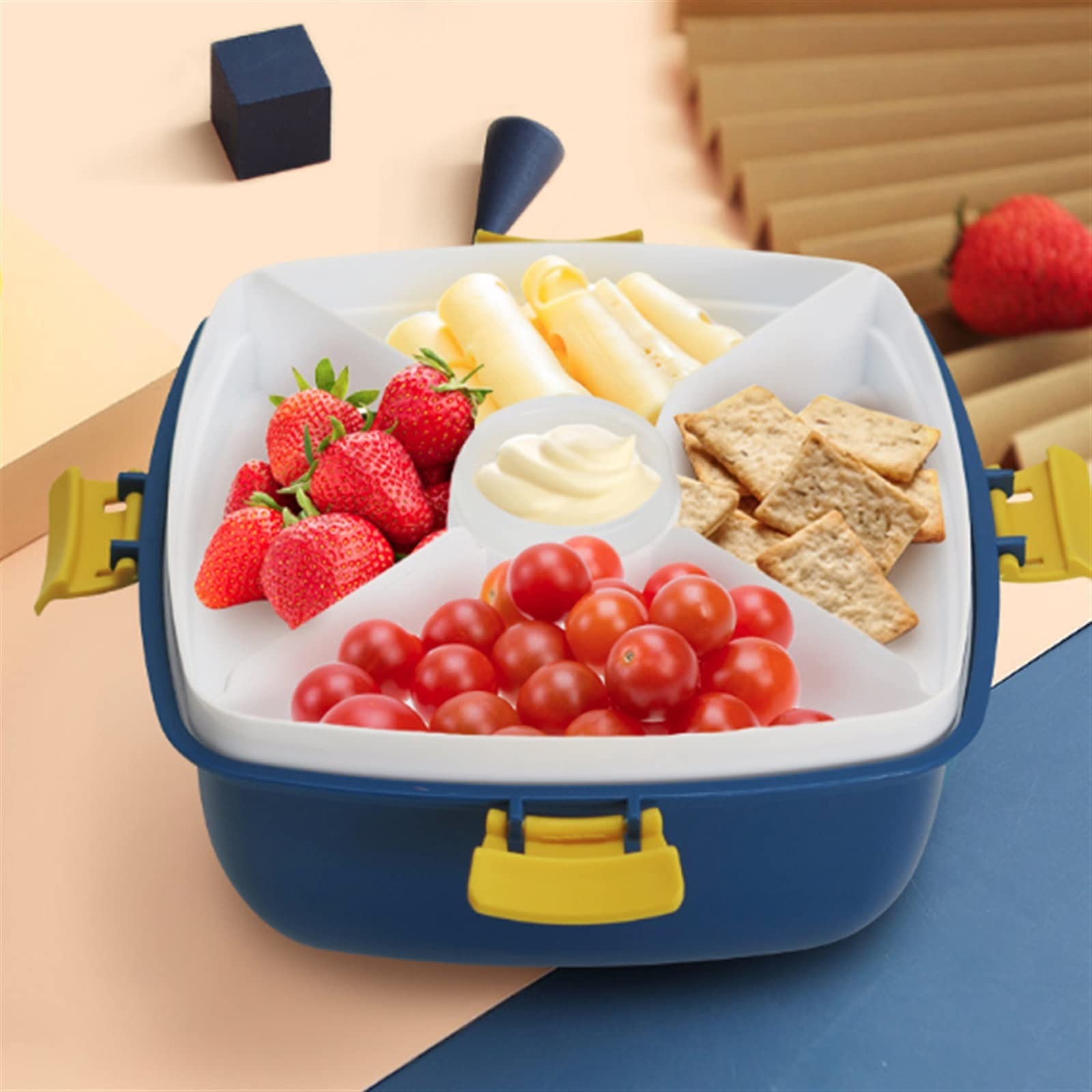 Brotdose， Doppeldecker-Lunchbox, Salatbox, Bento-Picknick, 4 Gitter, Salatdressing-Behälter, Lunchbox-Set, Stude(Blu)