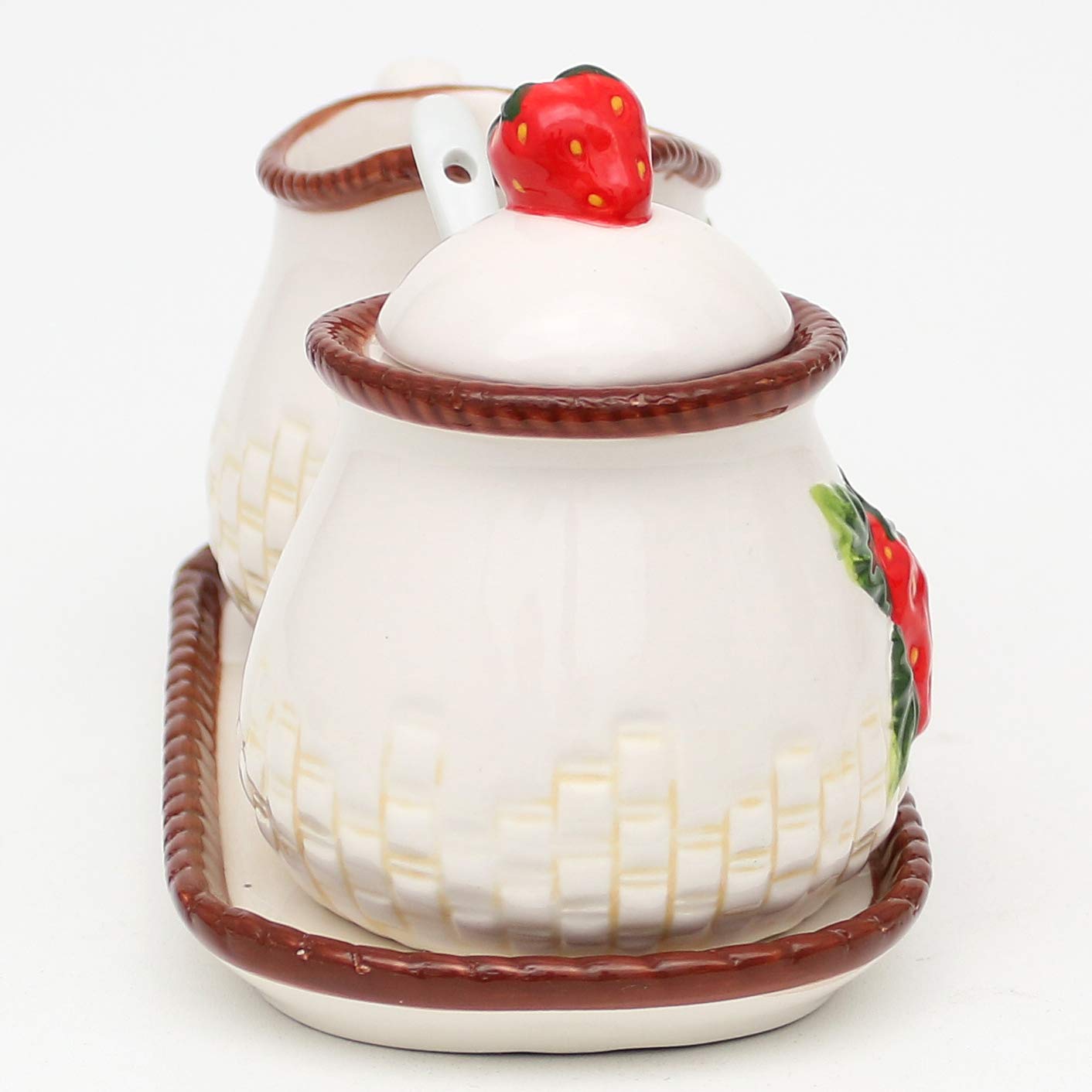 Dekohelden24 Dolomite, zuccheriera con Cucchiaio, bricco per Latte e piattino, Set da 3, con Fragole in Rilievo, Dimensioni Circa 19 x 10,5 cm, 12