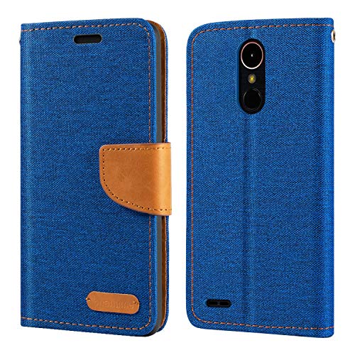 Funda Tipo Cartera de Tela Oxford y Cuero PU Compatible con LG K10 2017, Protección Resistente con Ranuras para Tarjetas y Cierre Magnético (Azul)