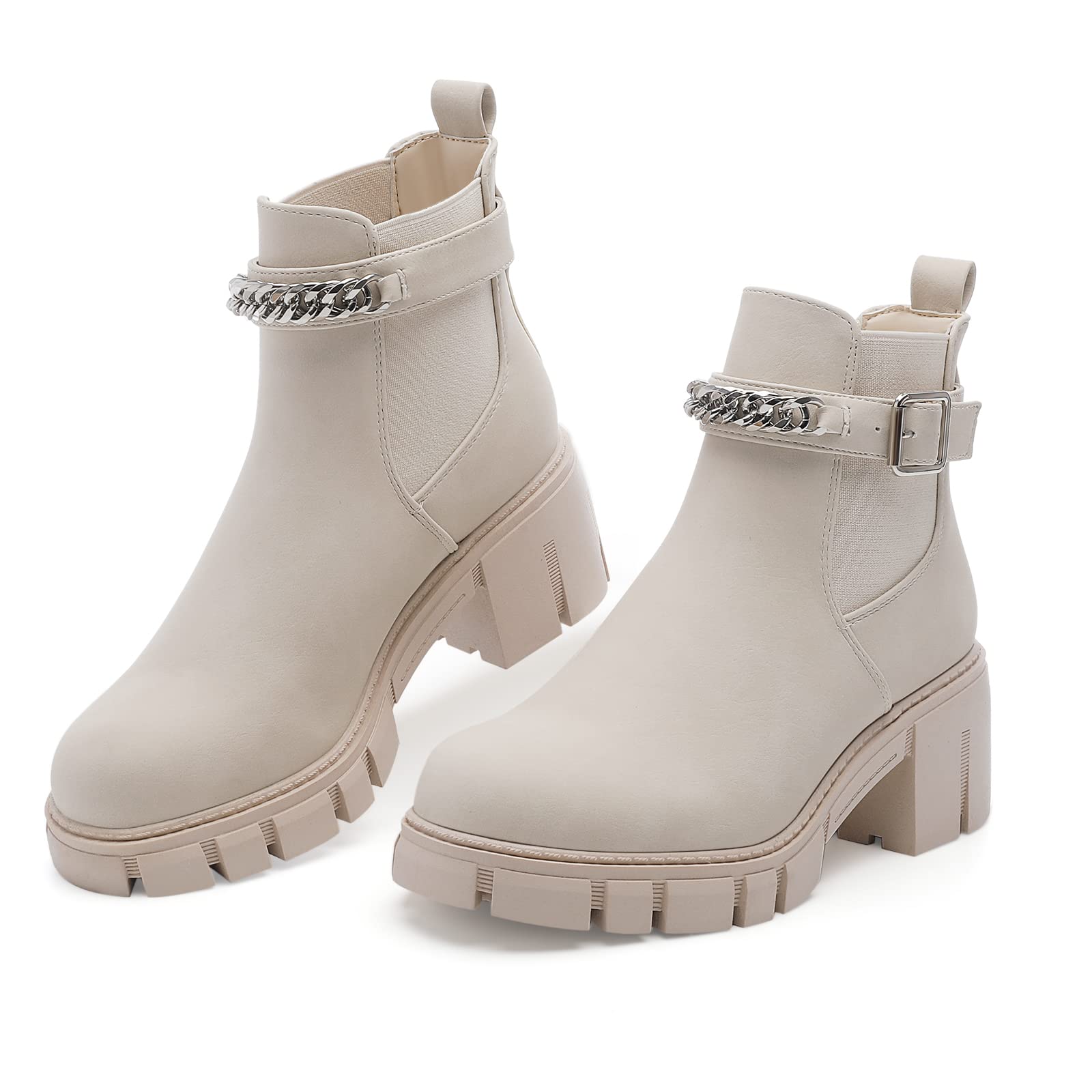 YETIER Ankle Boots for Women Elastic Lug Sole Slip On Buckle Chunky Chelsea Booties with Chain