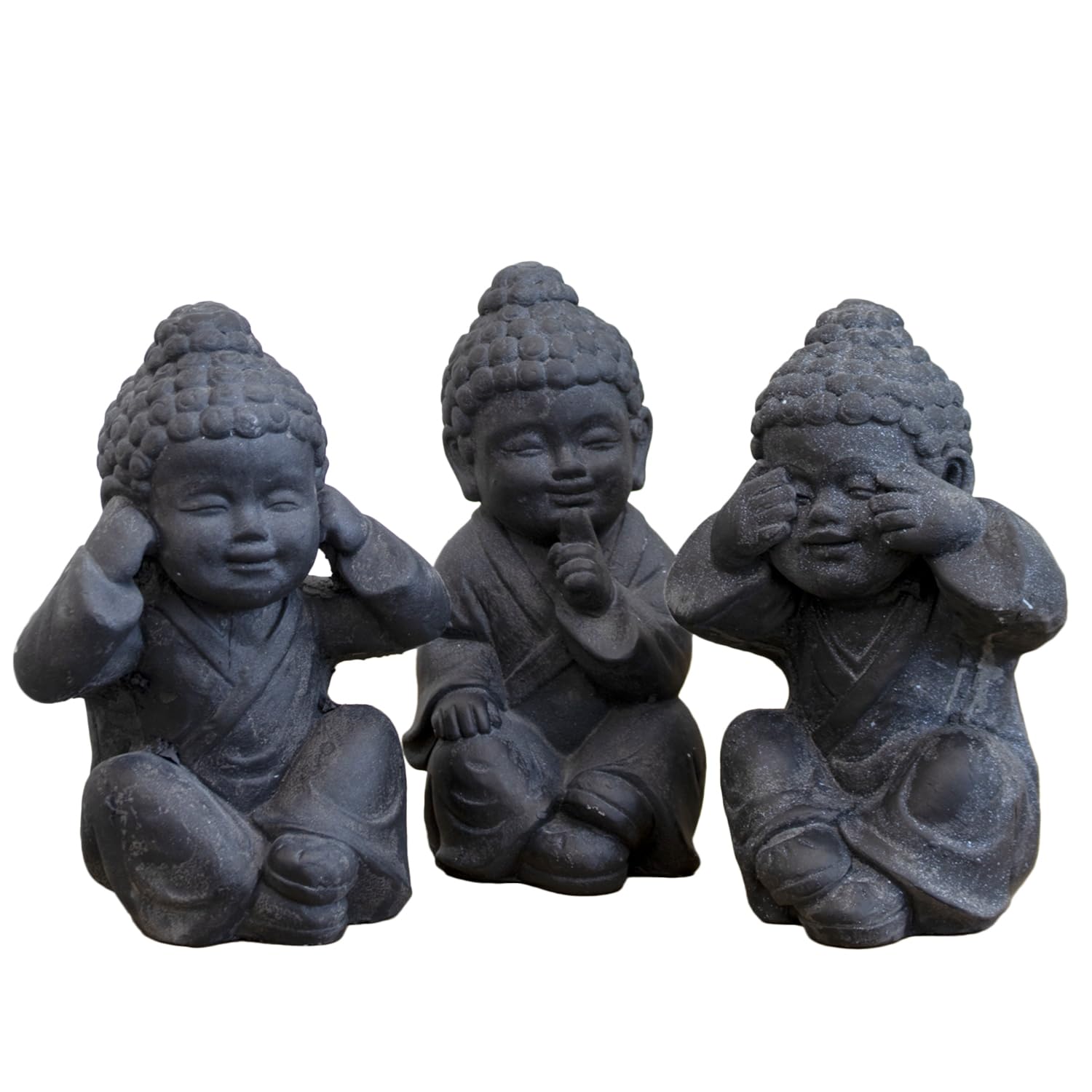 Darthome Black Set Of 3 Speckle Three Wise Buddha Ornaments, Hear See Speak No Evil, Mgo Material, 12.5X17x10cm, Vintage Finish