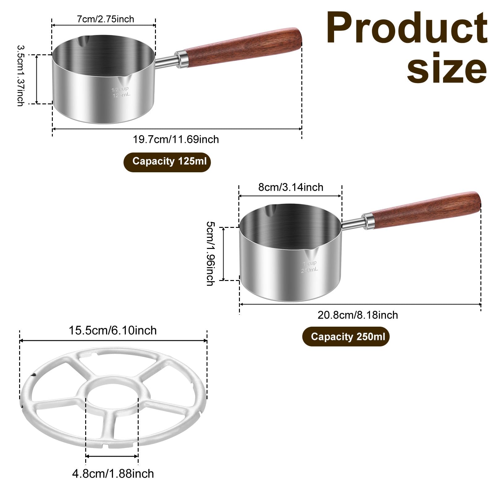 2 Pcs Stainless Steel Pot Butter Warmer with Stove Rack, Multipurpose Melting Pot with Double Spouts and Long Wood Handle, Dishwasher Safe Sauce Pan for Cooking Coffee/Milk Warmer