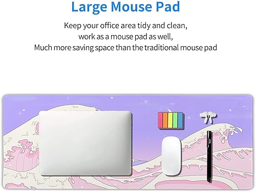 Miniatura 6 de Alfombrilla de mouse para juegos de anime japonés rosa y morado, XL, bonita alfombrilla de escritorio Kawaii estética de olas marinas extendida,