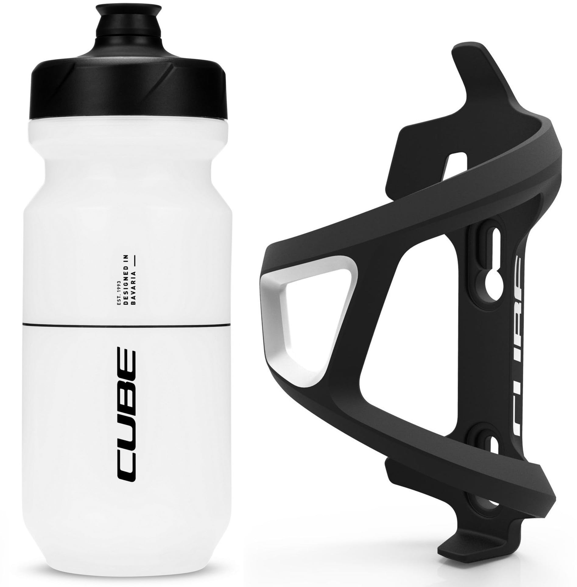 Cube HPP Left Side Loading Cage - Black & Flow Bottle - Clear, 500ml / Lightweight Bicycle Cycling Cycle Bike MTB Mountain Road Water Drink Flask Bidon Bracket Mount Holder HPA HPP Set Accessories