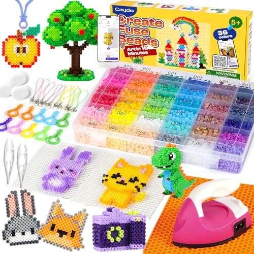 Caydo Fuse Beads Iron Kit with Design App & 200+ Patterns for Beginners 10500pcs 36 Colors 5mm Iron Beads for Kids Kit Customizable Melting Bead Kit for 5-12 Girls DIY Craft Gift