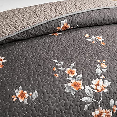 Flysheep 2 Pieces Quilt Set Twin Size, Dark Gray Floral Reversible Bedspread Coverlet Set, Soft Microfiber Lightweight Bed Cover For Kids (68" X 86", 1 Quilt+ 1 Pillow Sham) #TOP3