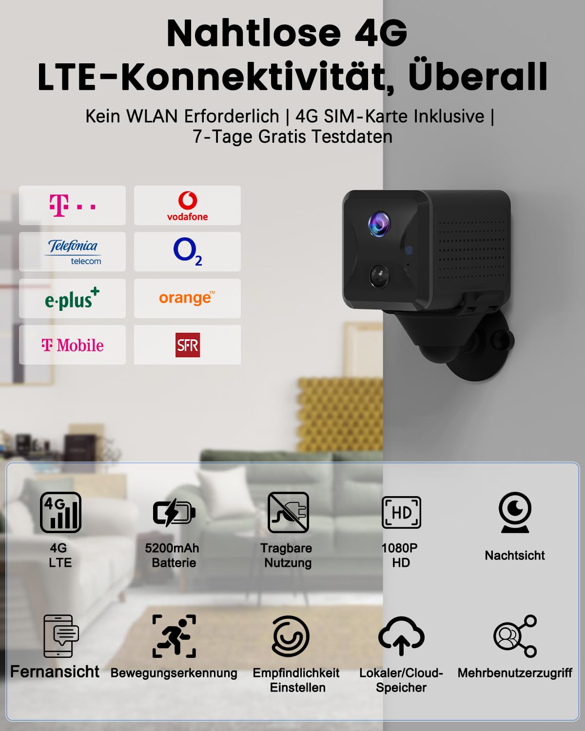 UCOCARE 4G LTE Überwachungskamera mit SIM Karte, Kamera ohne WLAN Kabellos | Überwachungskamera ohne WLAN mit Akku 5200mAh, Tragbar HD Mini Kamera, 160° Blickwinkel, HD Nachtsicht, AI Bewegungserkennung