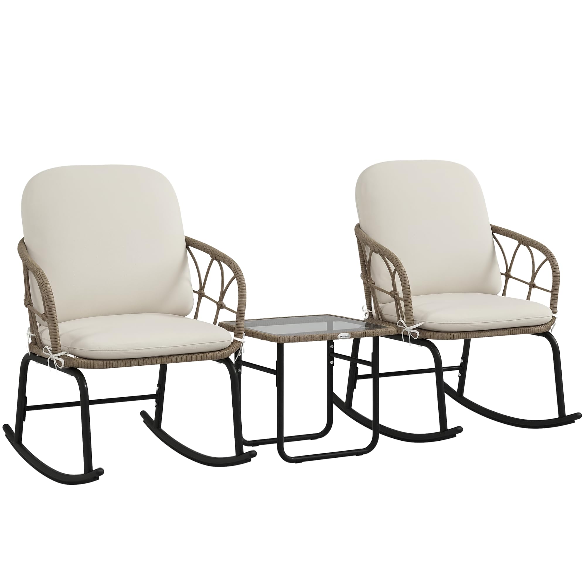 Outsunny Conjunto de Muebles de Ratán de 3 Piezas Conjunto de Mecedoras de Jardín con 1 Mesa de Centro 2 Mecedoras y Cojines para Jardín Terraza Patio Crema y Beige