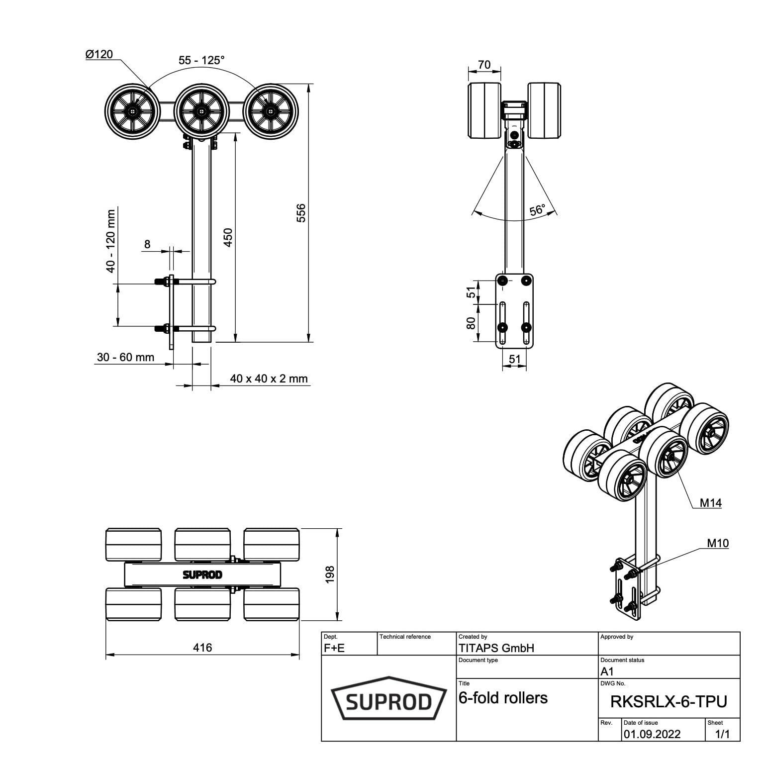SUPROD 6 rolek Slipwagen Sliphilfe Boot Trailer TPU opony RKSRLX-6-TPU, Ø 120 mm