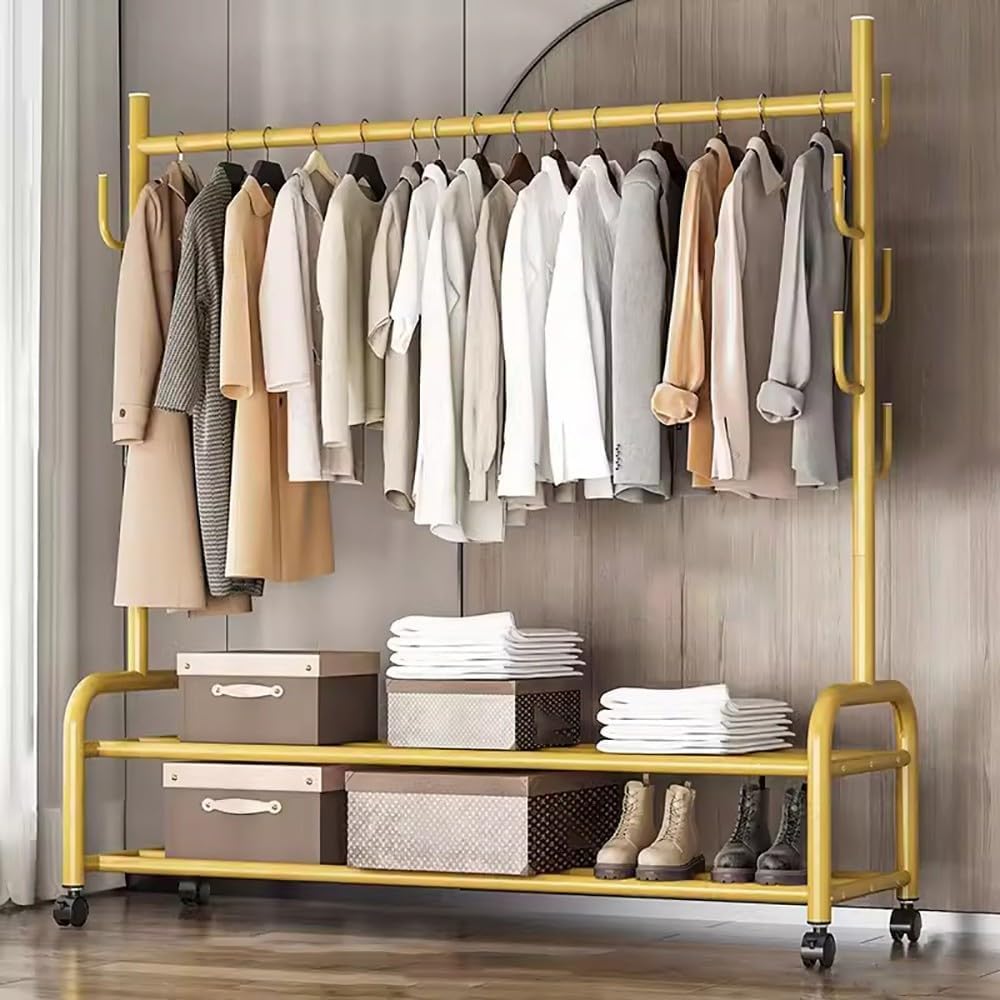 MYUYEE Heavy-Duty Clothes Rack On Wheels, Metal Clothes Rail, Multifunctional Mobile Coat Rack With Shoe Rack And 7 Hooks For Bedroom, Hallway, 120/150 * 37 * 165Cm(B-150Cm)
