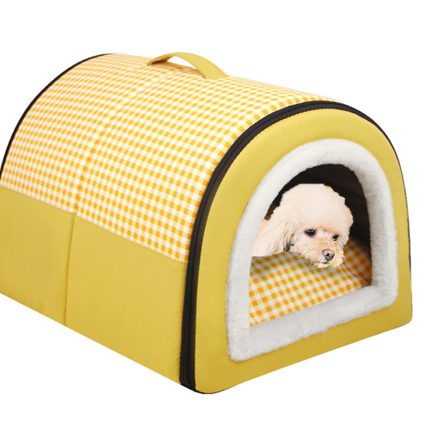 Large Dog House 2 in 1 Dog Bed Waterproof XL,Washable Pet Cat Calming Beds Anti Anxiety Soft Plaid Indoor Non-Slip Warm Pet Cave House Kennel for Medium Dogs Cats (Yellow,XL-70x55x45CM)