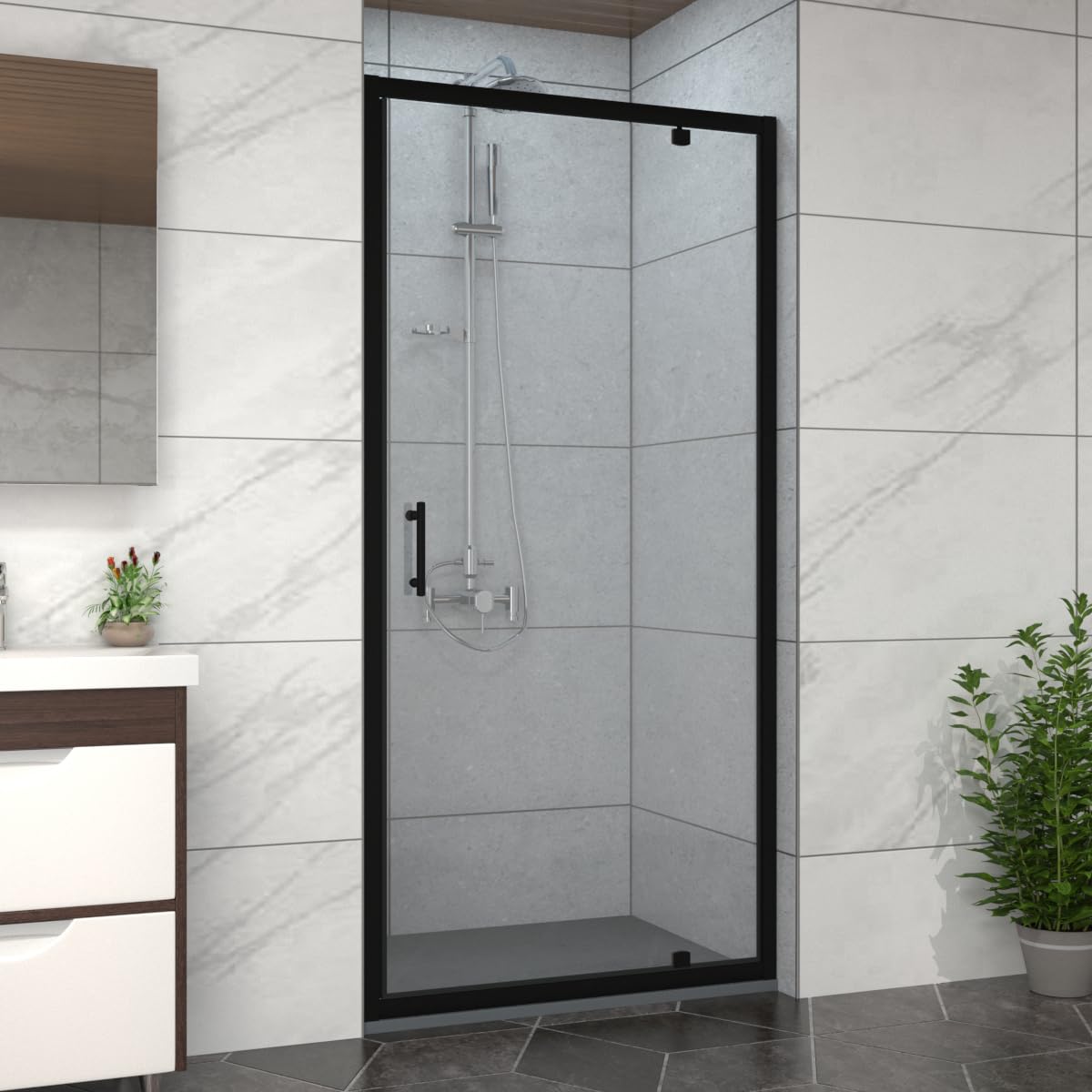 Nrg Anthracite 1000Mm Black Framed Bathroom Shower Enclosures Pivot Door With 1000X1000mm Smc Square Shower Tray
