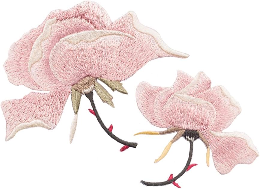 2 Pack Delicate Embroidered Patches, Pink Flower Iron On Patches for Backpacks, Hats, DIY Sew on Applique Patch, Vintage Embroidered Patches for Repair Clothes, Jackets, Jeans