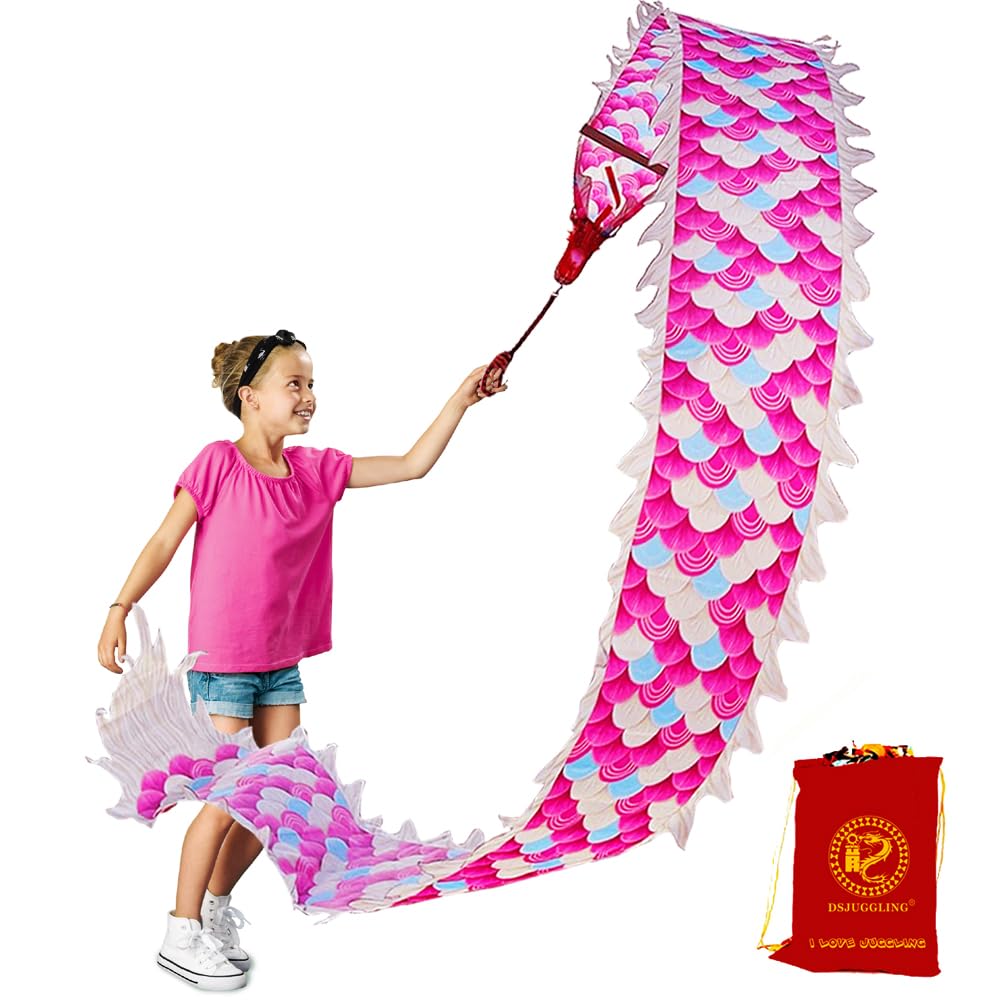 Magic Cloud Dragon Ribbon Poi for Kids and Adults, 16.4 FT Outdoor Washable Pink Magic Cloud Ribbon Streamer with 3D Dragon Head, Swing Rope and