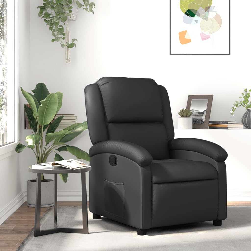 Fotel relaksacyjny z prawdziwej skóry, z ręczną funkcją leżenia, ergonomicznie regulowany, stabilna rama drewniana, kieszeń boczna, wygodny do salonu, biura, kącika do czytania, kominka