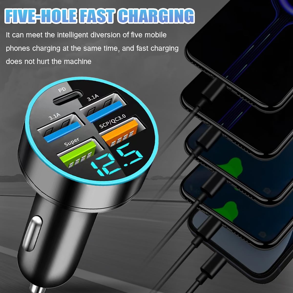 Ankuee 66W 5 Port Car Charger, 12-24V Quick Charge Automotive Fast Charging with USB PD Super QC 3.0 Cigarette Lighter Plug, Universal for SUV Truck RV 15 14 13 12 S22 S21 S20 and More