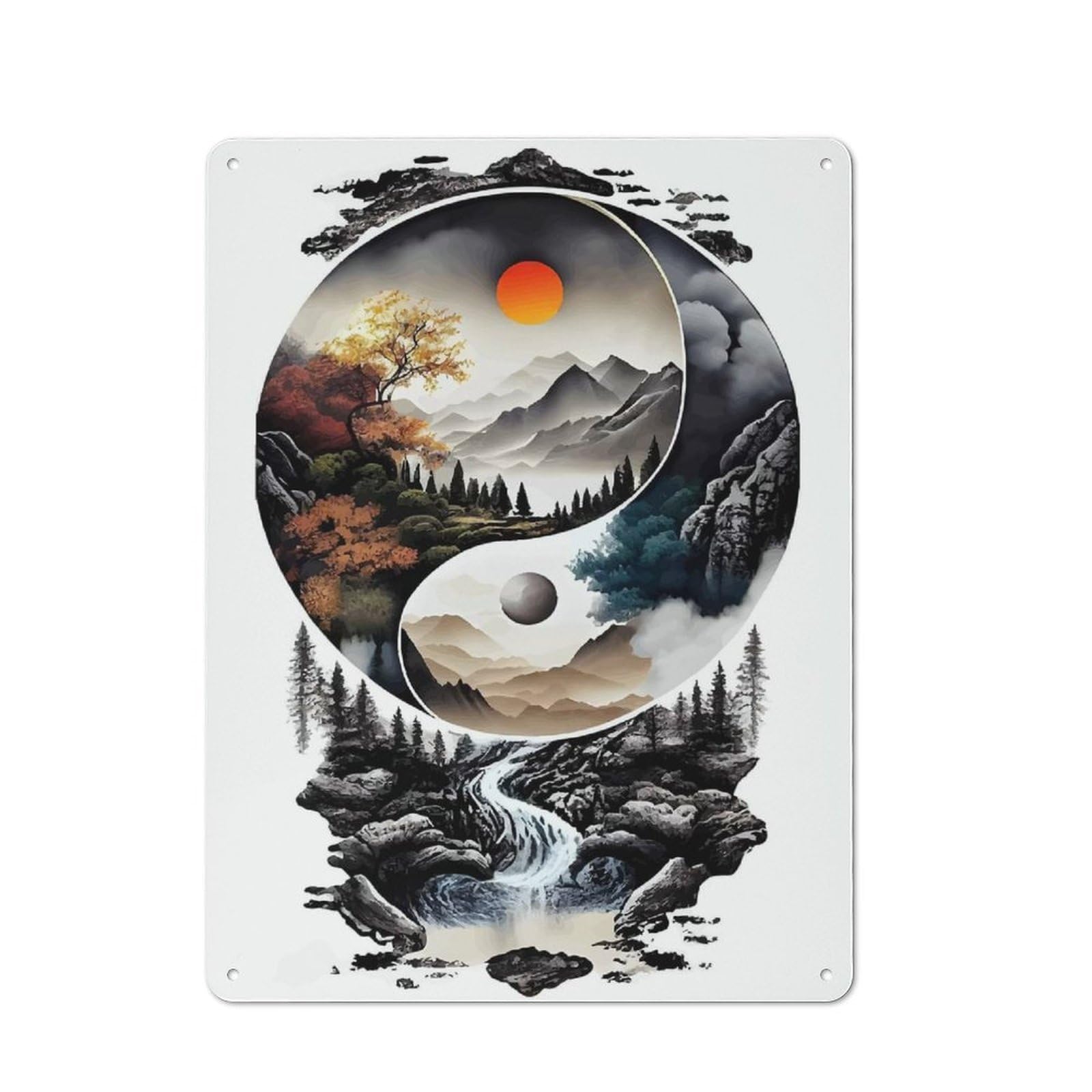 Junmoney Yin Yang Landscape Tin Sign 40X30cm With For Workshop Wall, Vintage Decor, Gift For Workshop Decor Fans During The Christmas Season