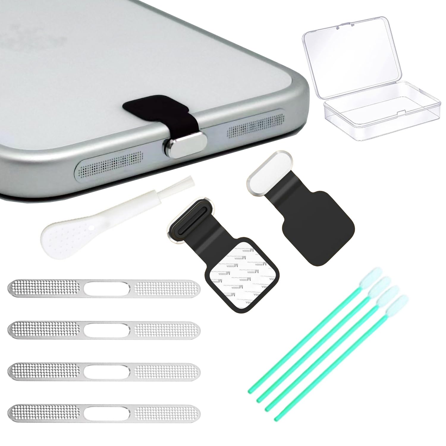 [2er-Pack] Metall-Handy-Anti-Lost-Staubschutzstecker, Typ-C-Abdeckkappe, Metallnetz-Lautsprecher-Staubschutz, Handy-Reinigungsset mit Bürste, Universal-Port-Stecker-Set für iPhone 17 Pro/Pro Max