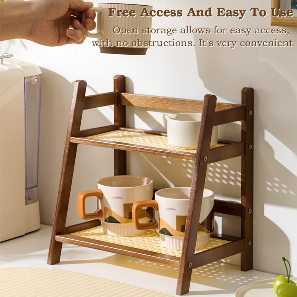 Double-Layer Bamboo Shelf Organizer for Kitchen – Rattan-Style Cup Rack & Pantry Organizer – Storage Shelves for Cabinet, Counter, Dormitory, Home Decor (khaki)
