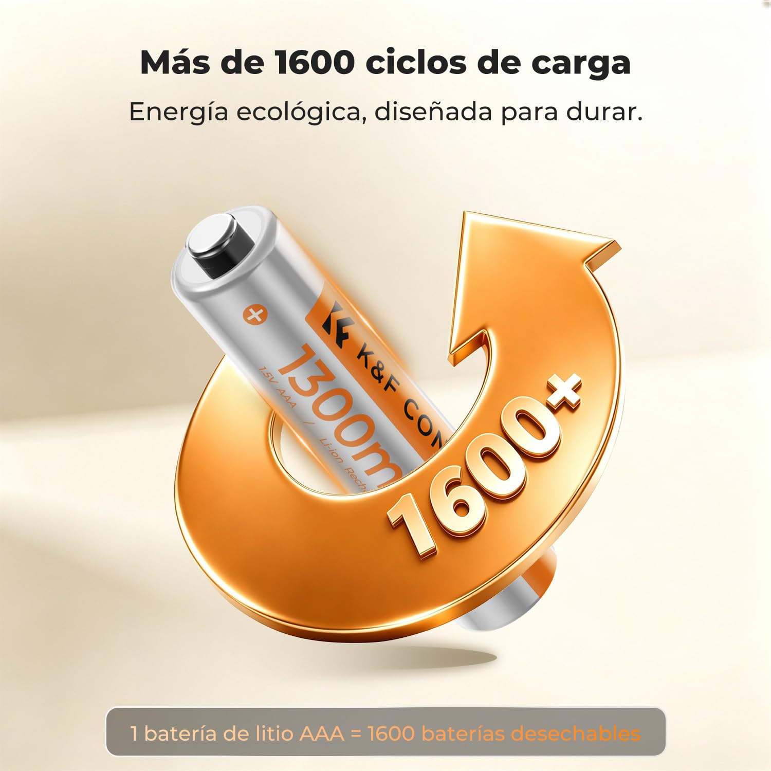 K&F CONCEPT Pilas AAA Litio Recargables 1300mWh 1,5V 12 Uds Cargador Type-C