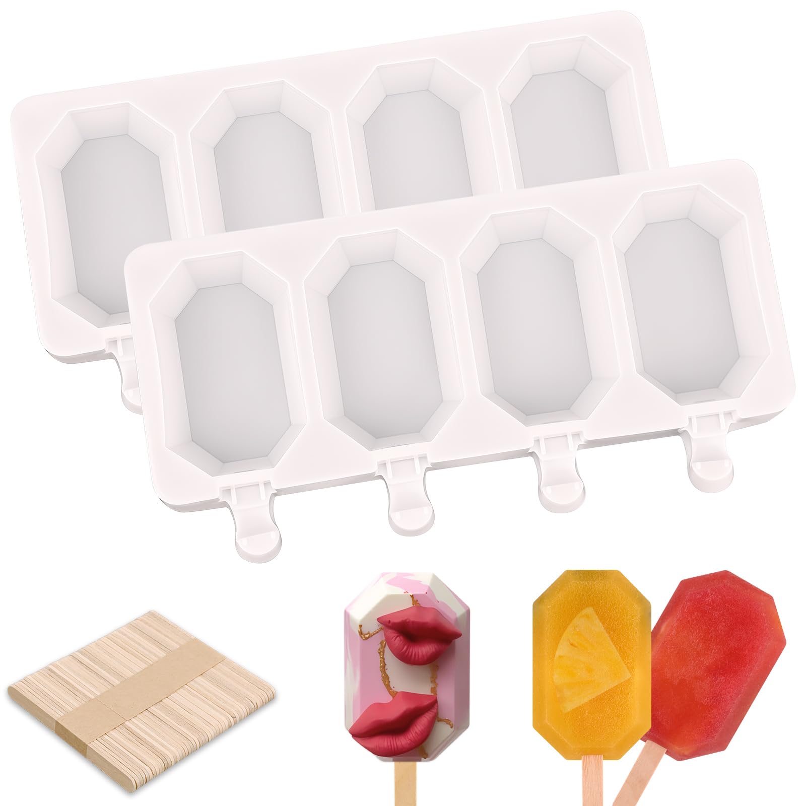 WMKGG Popsicle Silicone Molds Set, 2 PCS Ice Cream Molds(Octagon/White)
