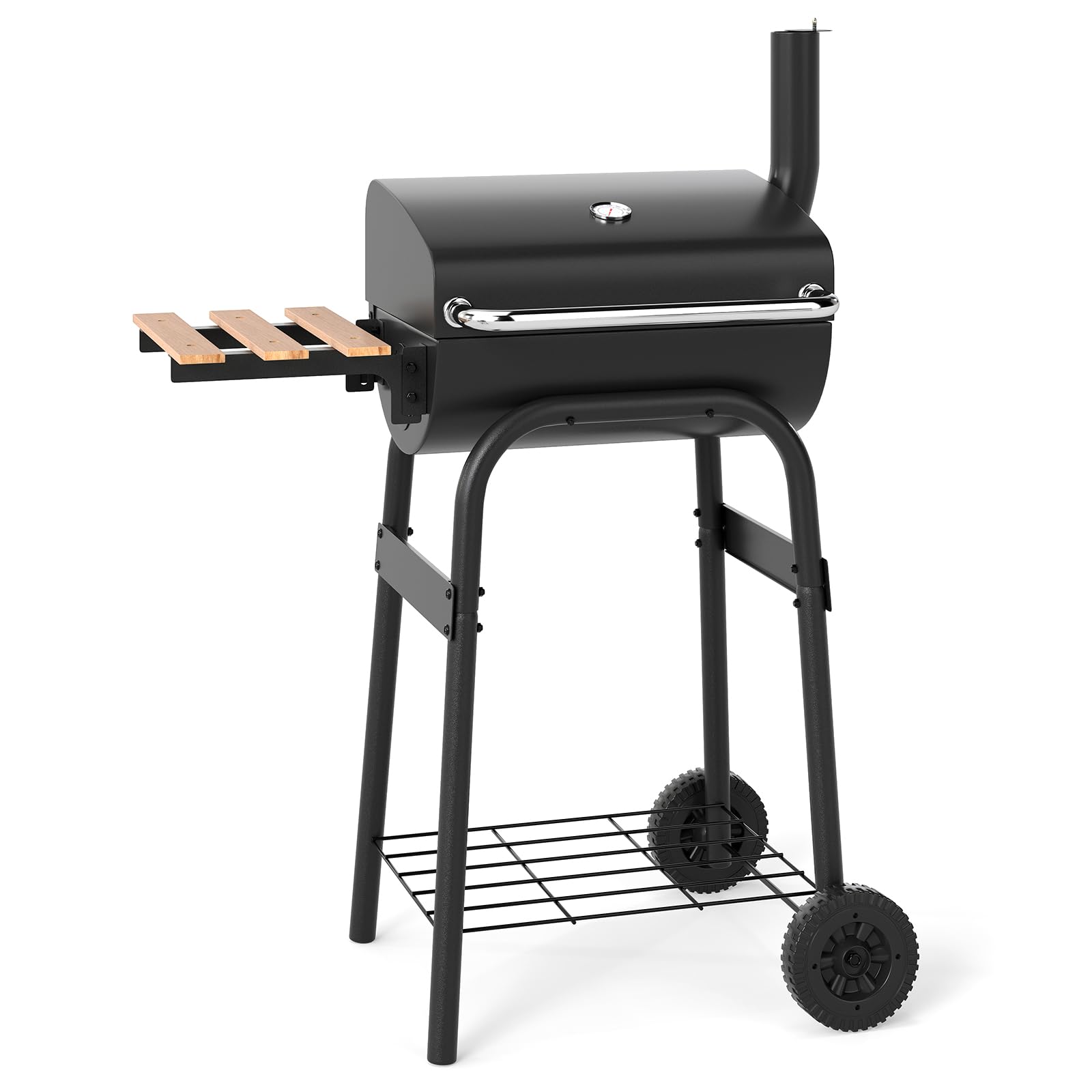 COSTWAY Barbecue a Carbonella con Ruote, Griglia a Carbone da Esterno con Coperchio, Termometro, Tavolo Pieghevole e Manico in Acciaio Inox, Barbecue Portabile per Giardino, Campeggio e Picnic