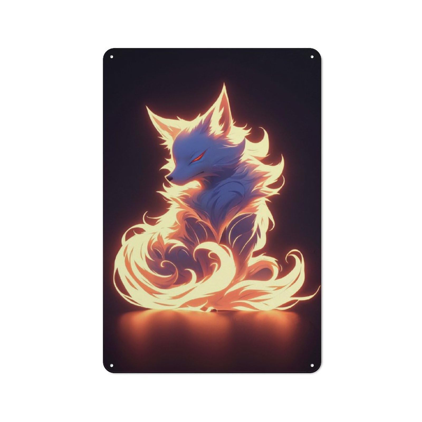 Junmoney Neon Fire Kitsune Fox Printed Metal Sign 30X20cm For Home Bar Wall, With Clear Vintage Wall Decor Character