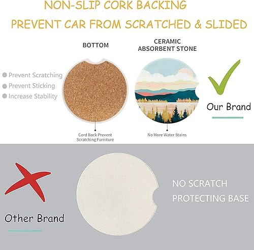Miniatura 5 de Jerown Paquete de 2 posavasos de automóvil para portavasos de automóvil absorbentes de bosque de montaña con base de corcho y muesca en la punta de