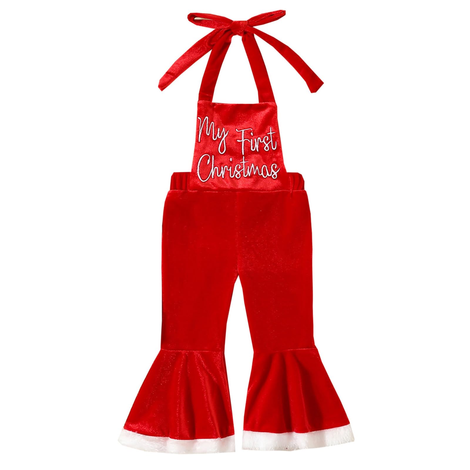 BULINGNA Baby Girl Christmas Outfit My First Christmas Suspender Jumpsuit Velvet Overalls Bell Bottom Pants Fall Clothes (Red, 0-3 Months)