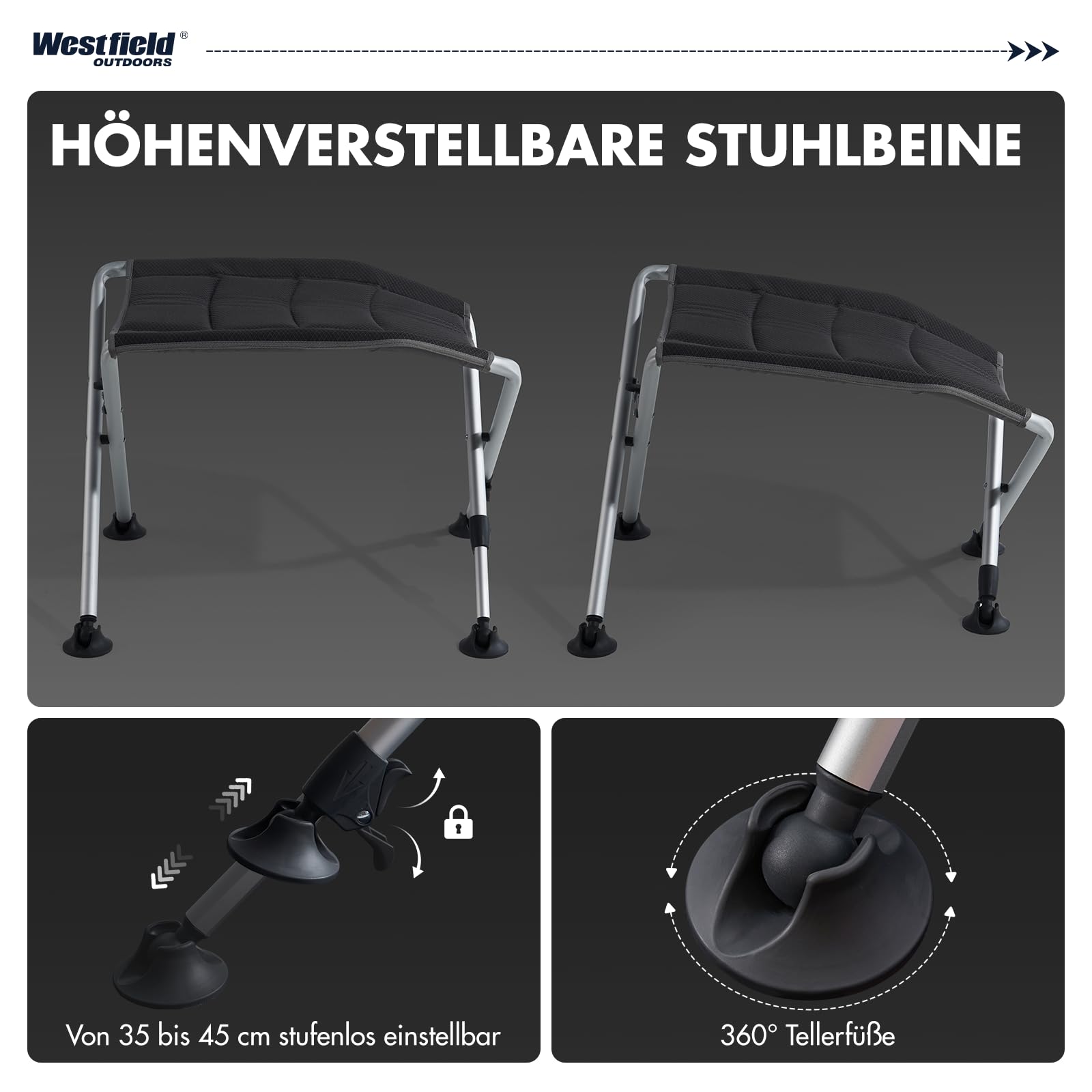 Westfield Outdoors Focus Camping Fußhocker faltbar, höhenverstellbar 35-45cm, 1,8 kg leicht tragbar, UV-beständig, komfortabel für Camping, Garten und Strand, bis 100kg belastbar