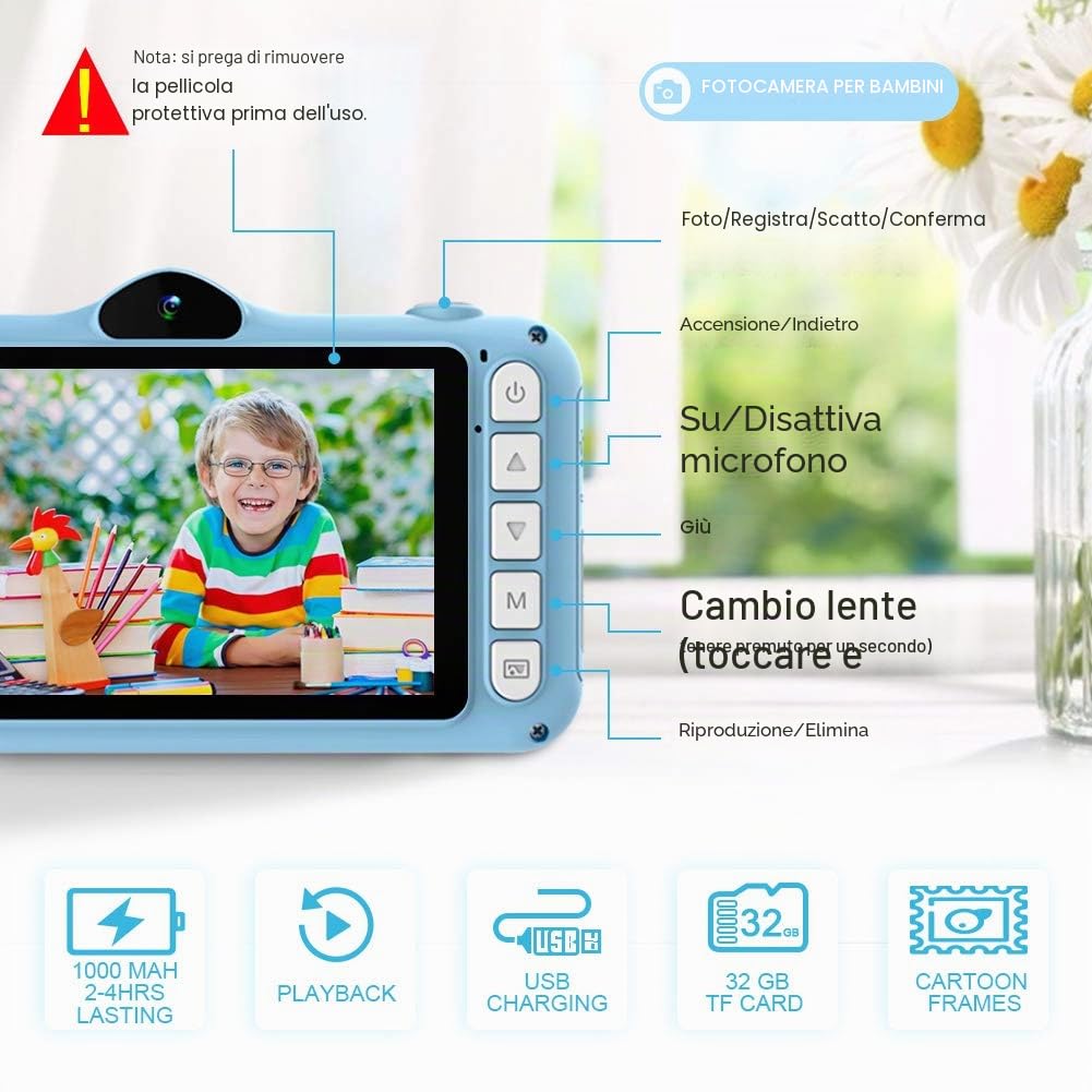 Macchina Fotografica Bambini, Fotocamere Digitali per Bambini con 3,5 Pollici Grande Schermo 1080P HD 12MP Incluso 32GB SD Card USB Ricaricabile per Ragazze Ragazzi Compleanno Natale Regali Giocattoli