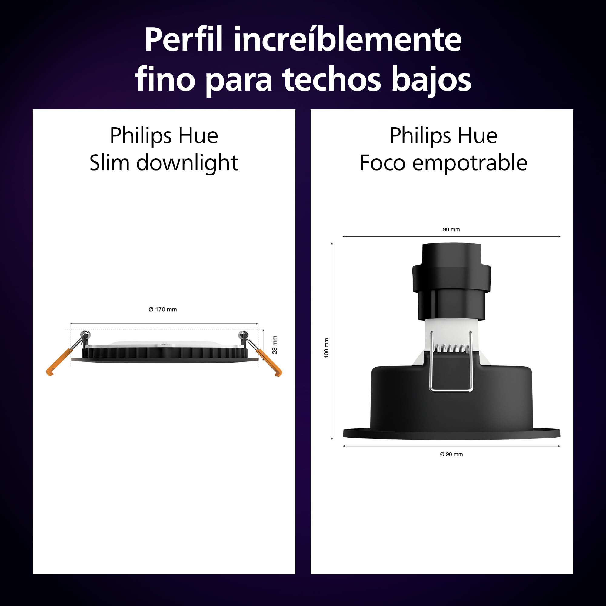 Philips Hue Downlight Slim, 170 mm, downlights inteligentes, luz blanca y de color, compatible con Bluetooth, control por voz con Alexa, Apple Home y Google Assistant, en negro