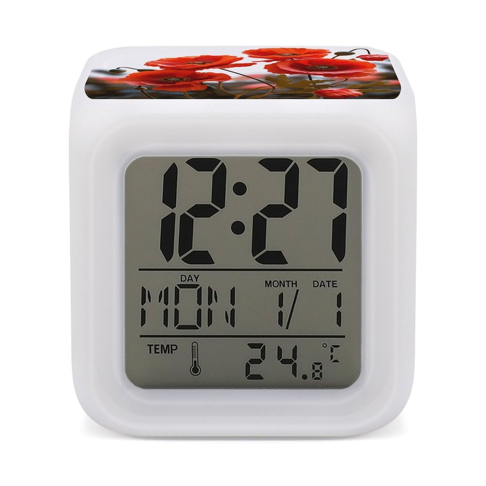 VstaDank Poppy Flowers Vivid Petals Digital Alarm Clock LED Display Screen Color Change Alarms Clock Smart Alarm Clock Wake Up Digital Clocks with 7 Color Nightlight for Bedroom
