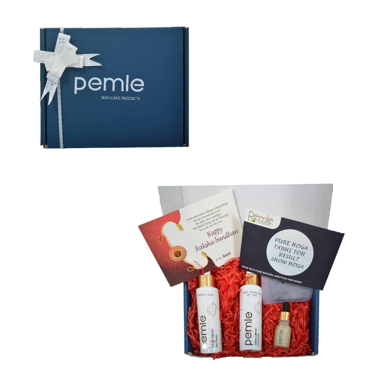 Pemle Rakhi Gift Hamper Including Moisturizer, Soap and 2 Different Flavor Face Wash, Available in Green Coffee, Strawberry, Lemon Saffron As Per Your Need (Select Any to Face Wash) # NoParaben #No SLS