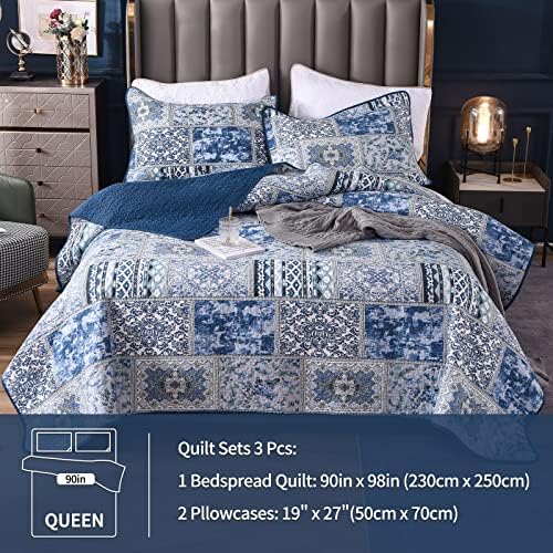 Qucover King Size Bedspreads Soft Microfiber Blue Patchwork Quilt Bedspread 230x250 cm Vintage Blue Floral Pattern Quilted Bedspreads and Throws with Pillow Cases