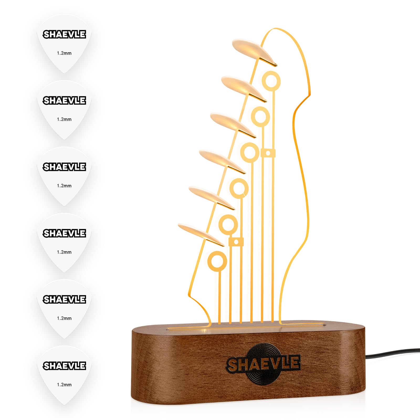 Shaevle Men's Wood Color Guitar Picks Holder, Light Up Guitar Pick Storage Rack With 6Pcs Picks, Headstock Shaped Led Pick Display Holder - Music Gift For Guitar Lovers