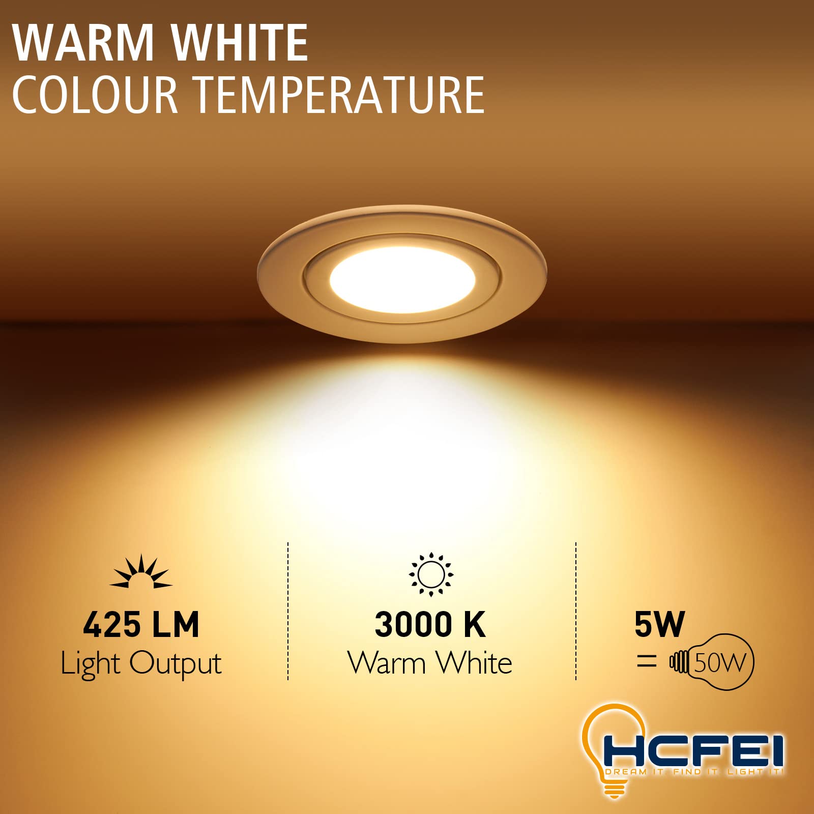 HCFEI Set di 6 faretti LED da incasso bianchi – rotondi piatti 5 Watt dimmerabili bianco caldo 3000 K 230 V IP44 – adatto per bagno, cucina, esterno – foro Ø 60 – 70 mm, angolo di irradiazione 120°