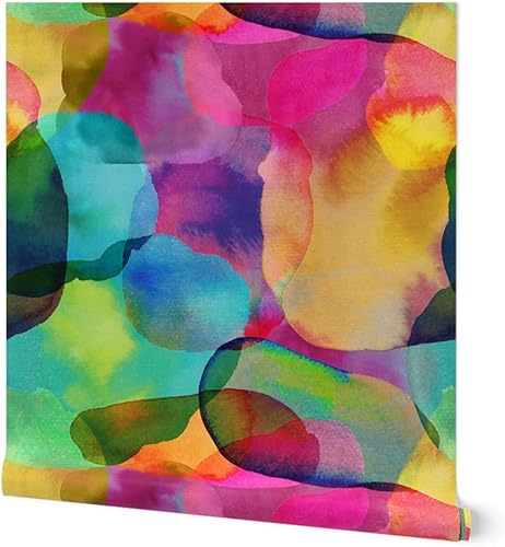 Spoonflower Papel tapiz autoadhesivo de 9 x 2 pies, pintura abstracta de arco iris, colores brillantes, colores pasteles, colorido, habitación,