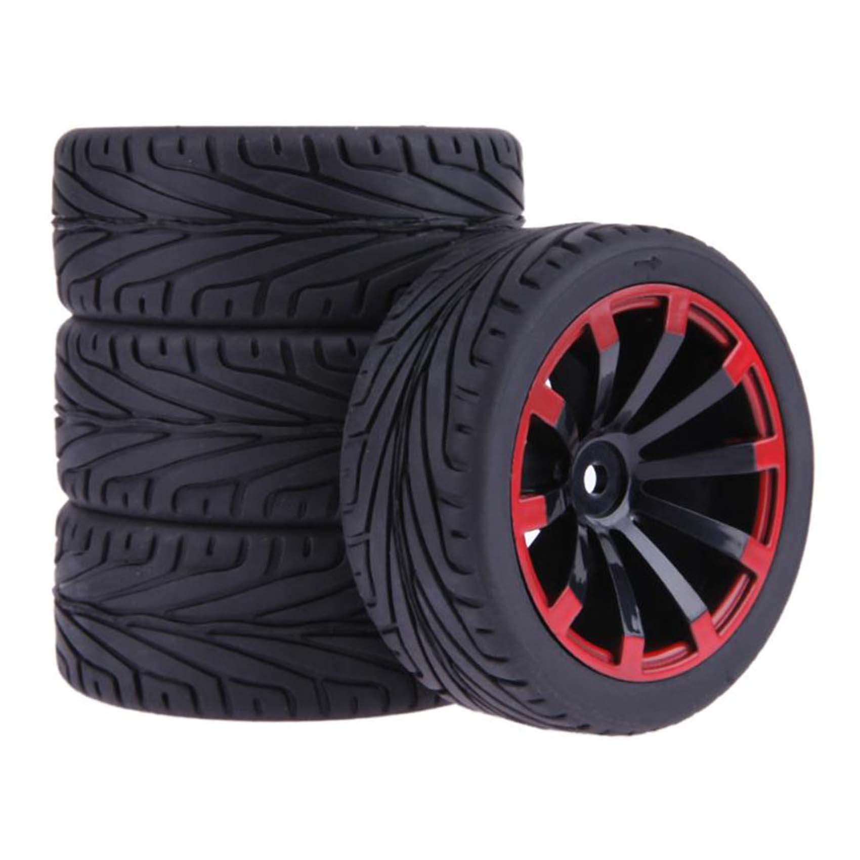 KEEDA 4PCS 1:10 RC 65mm Tires and Plastic Wheels Rims for 1/10 HSP HPI Tamiya RC On Road Touring Racing Drift Car (Black&Red) - Image 3