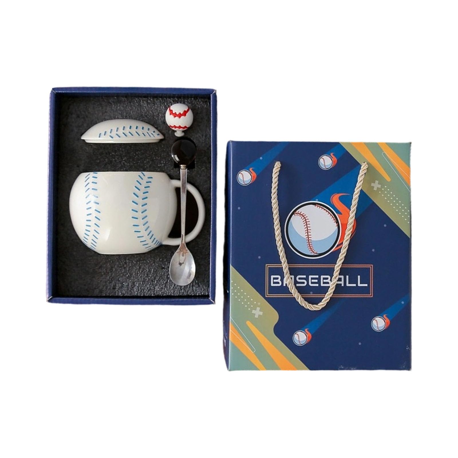 Kalttoy Women's Blue 420Ml Milk Teas Cup With Spoon Ceramic Coffee Mug Baseball Shape Coffee Cup Sport Souvenir And Men Baseball Shape Teas