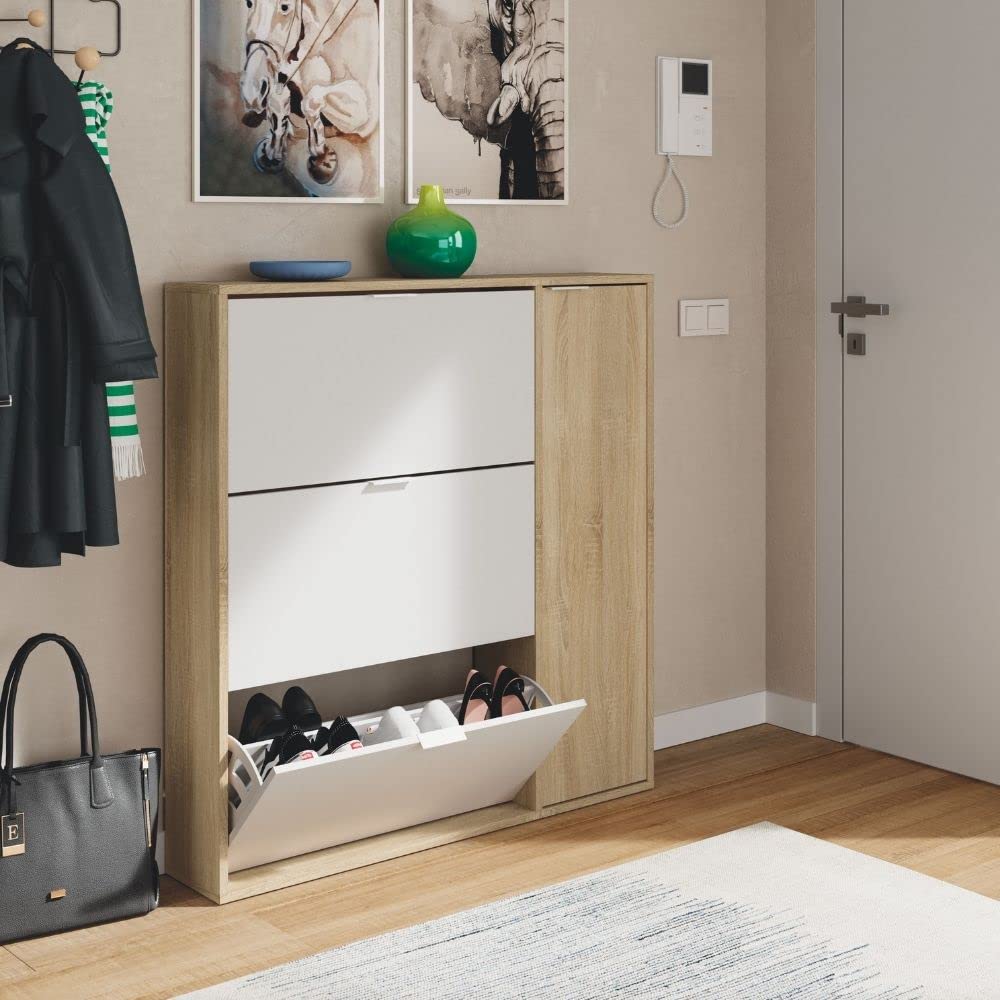 Mobelcenter, Mueble Zapatero Class 4 Puertas, Color Blanco y Roble Canadian, Capacidad hasta 30 Pares de Zapatos, Medidas: Ancho: 106 cm x Fondo: 22 cm x Alto: 115 cm, (1267)
